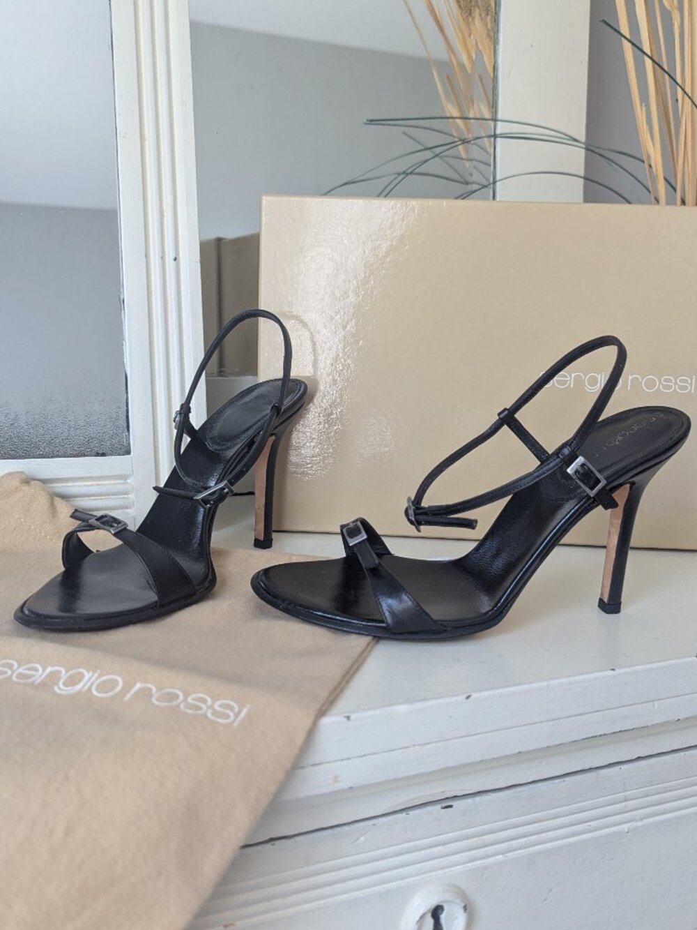 Sergio Rossi Size 35 Black Leather Strappy Stilettos, Original Box & Dust Bag